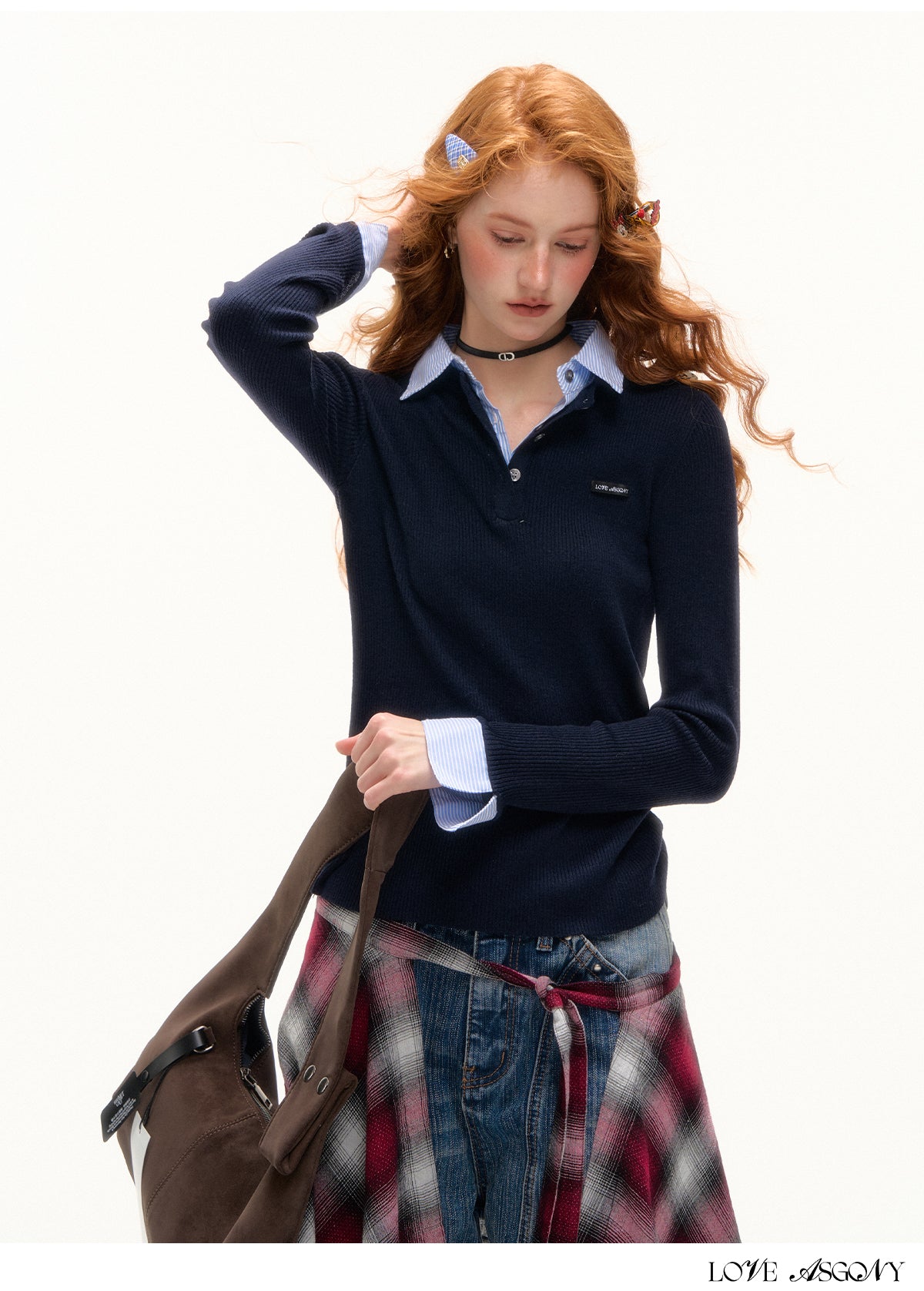 AsGony Striped Collar Fake Two-Layer Knit Top