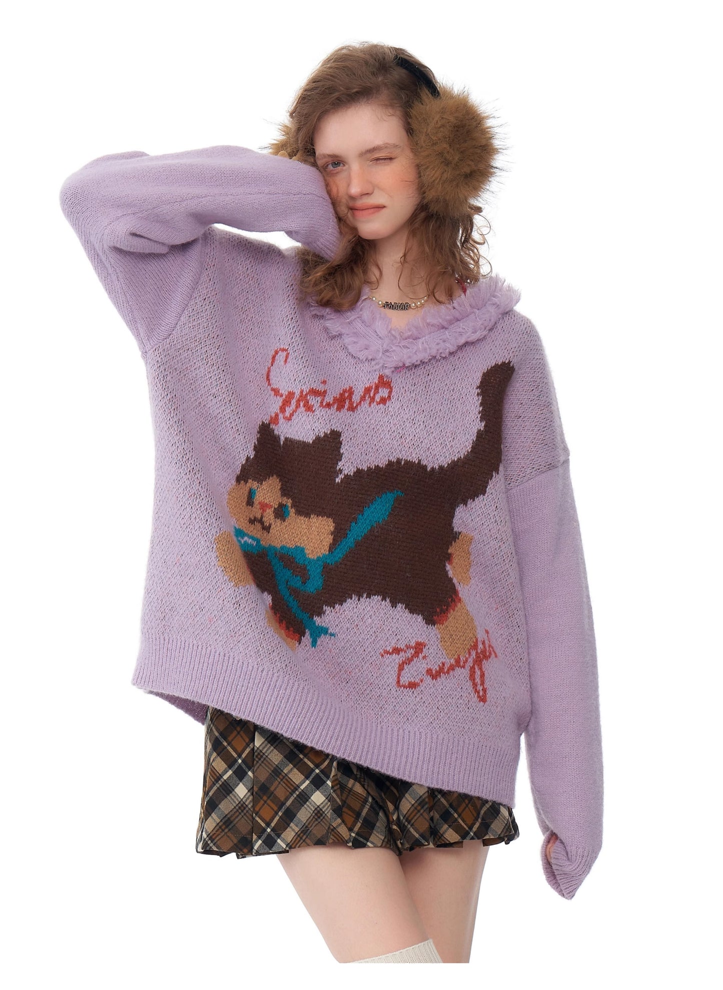 ziziFei Retro Plush Cat-Print Sweater