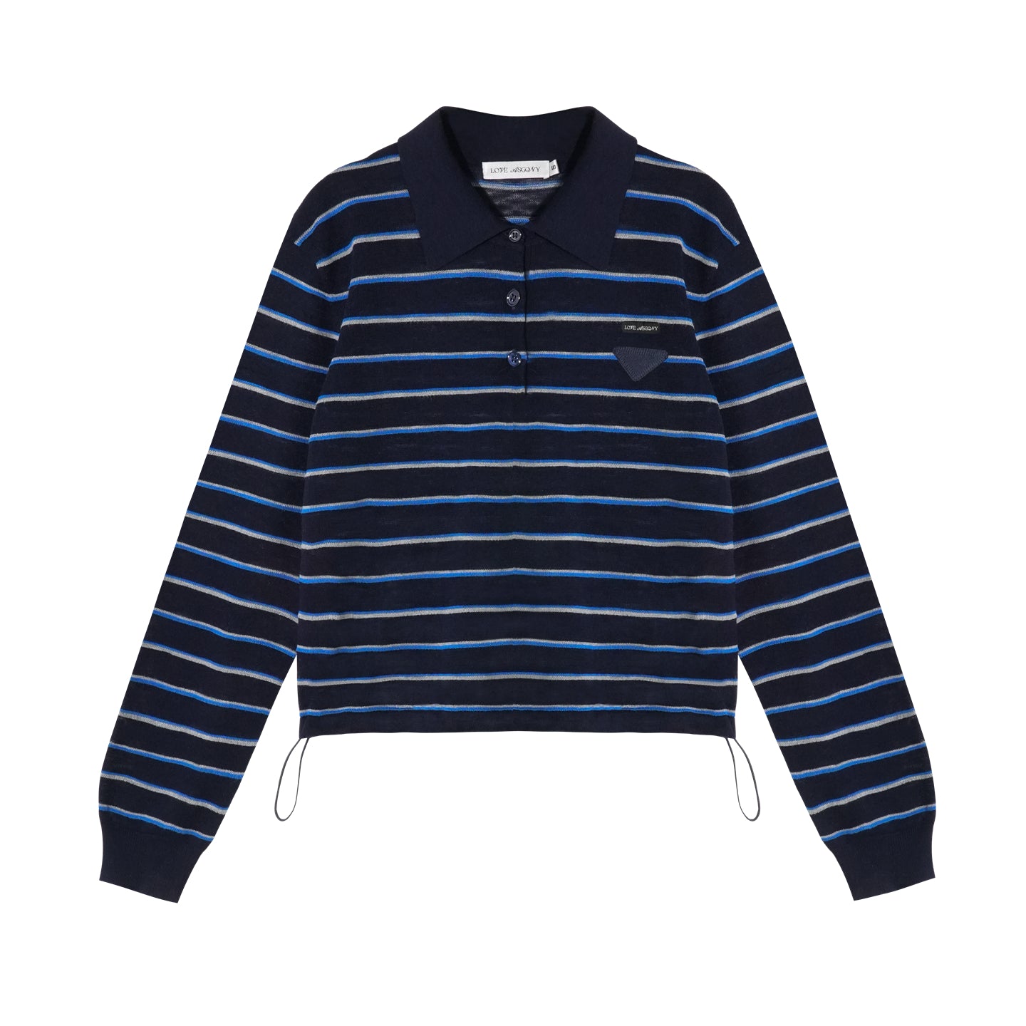 AsGony Striped Polo Collar Drawstring Hem Knit Top