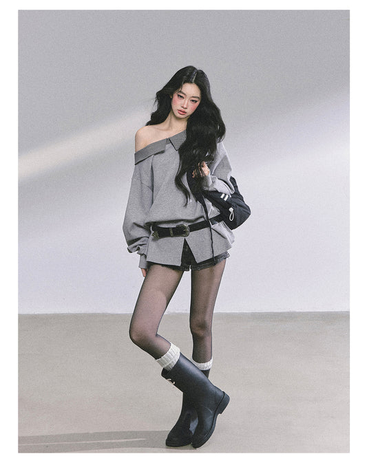 ShaoYeYan Intellectual Balmain Loose Off-Shoulder Plaid Sweatshirt