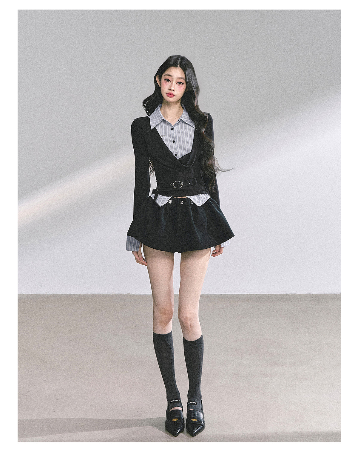 SHAOYEYAN Mock Two-Layer Waist-Defining Striped Tee