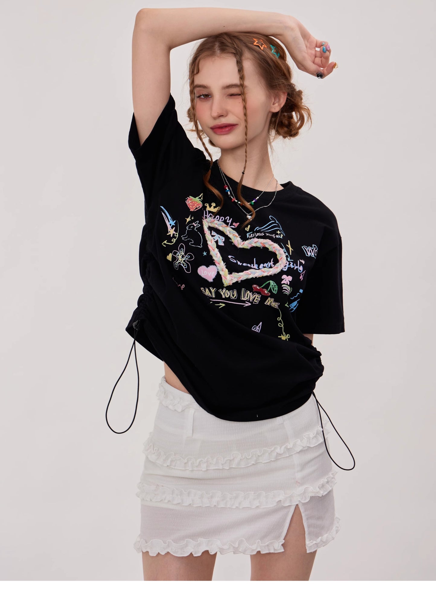 ziziFei Retro Love Print Oversized Tee