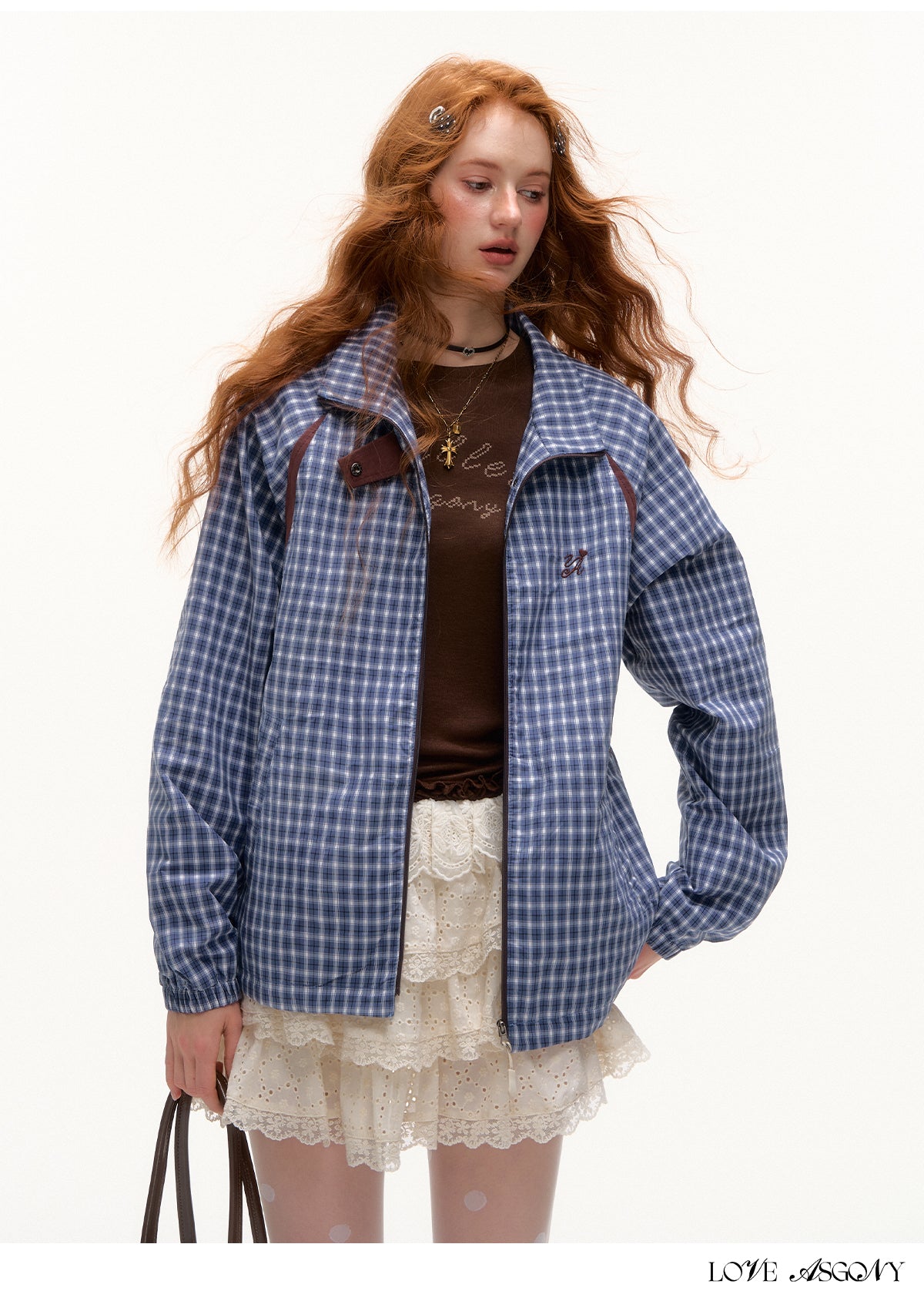 AsGony Retro Plaid Colorblock Windbreaker