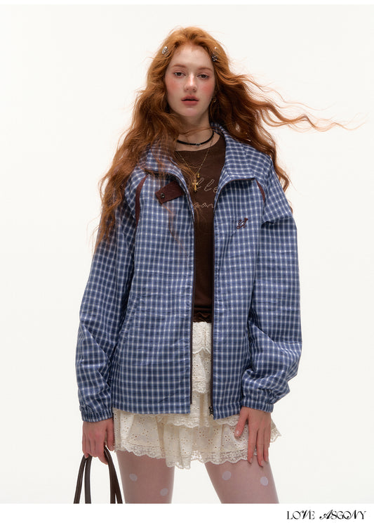 AsGony Retro Plaid Colorblock Windbreaker