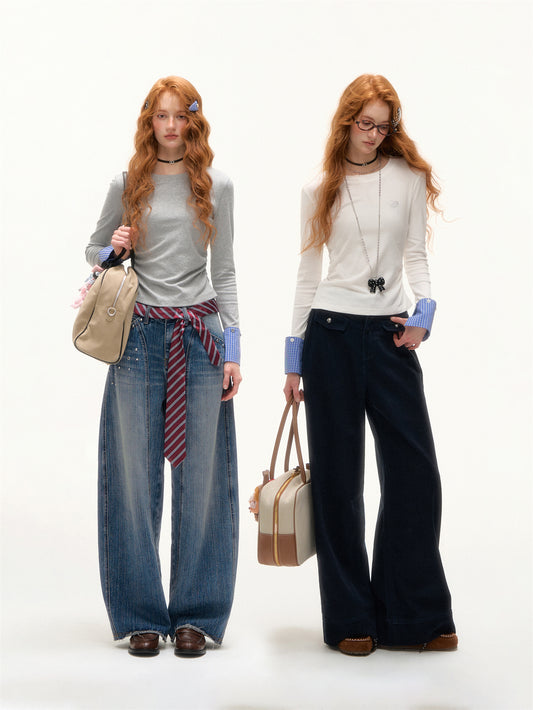 AsGony Detachable Cuff Plaid Long Sleeve T-Shirt