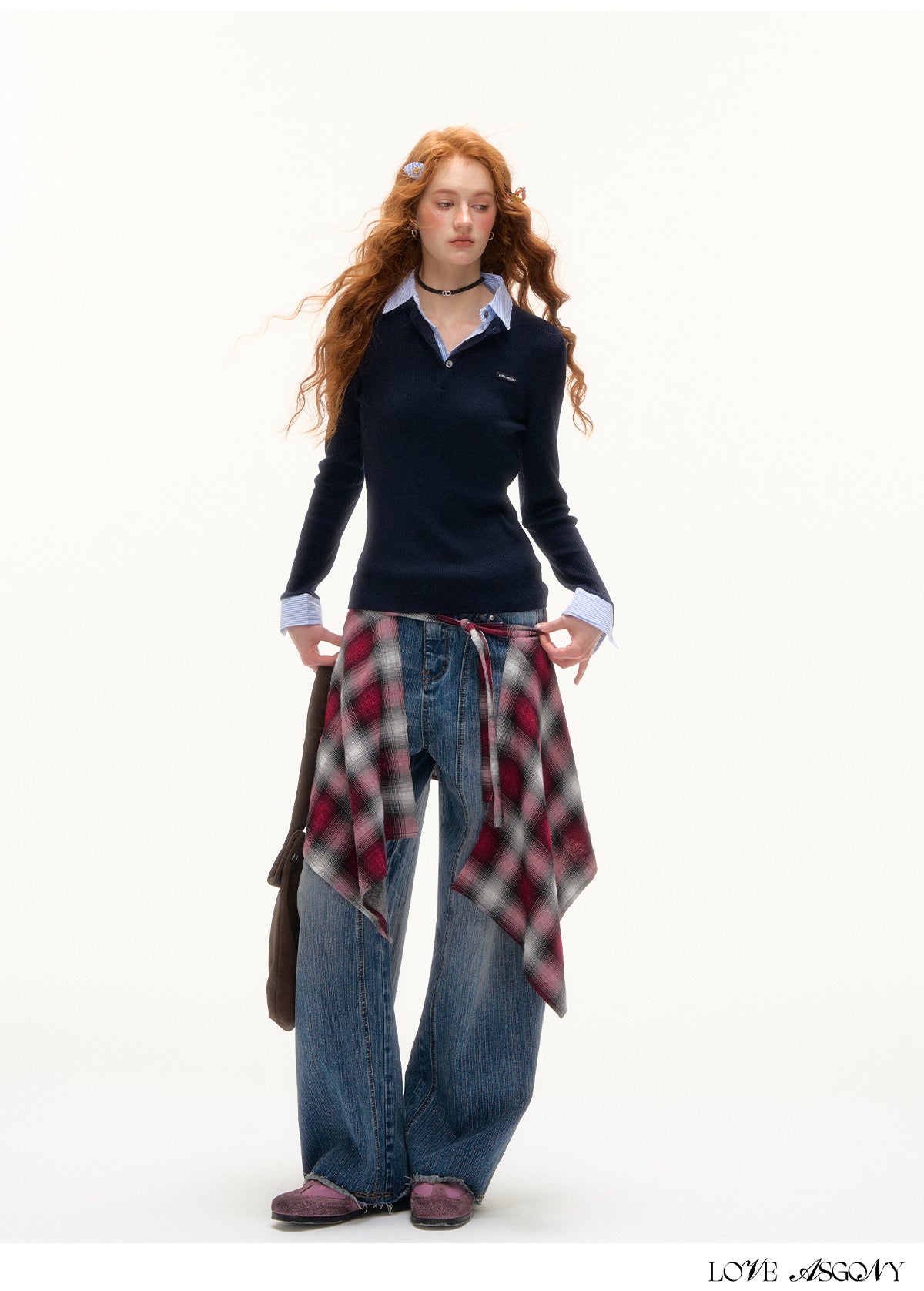 AsGony Striped Collar Fake Two-Layer Knit Top