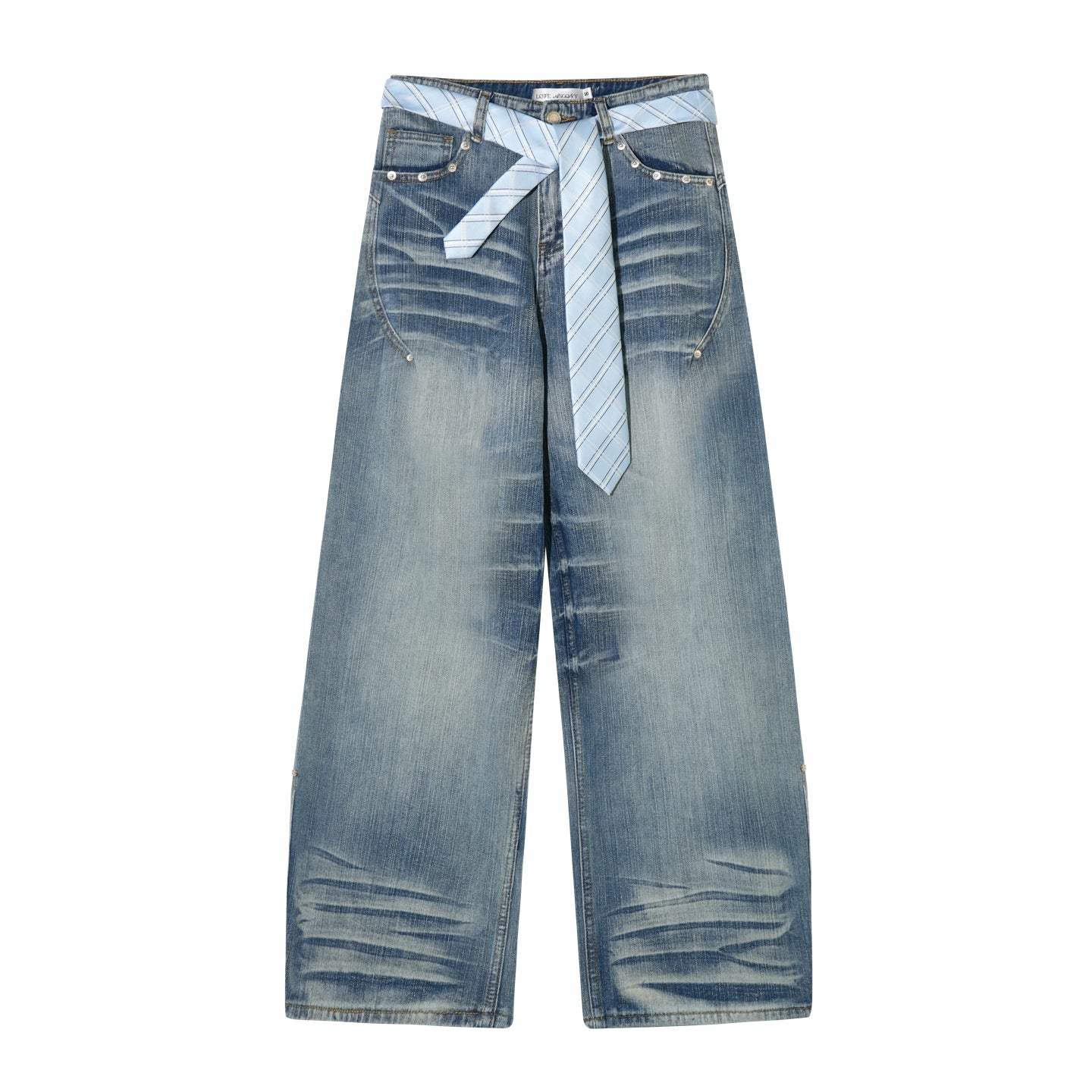 AsGony Tie-Dye Beaded Embellished Washed Jeans