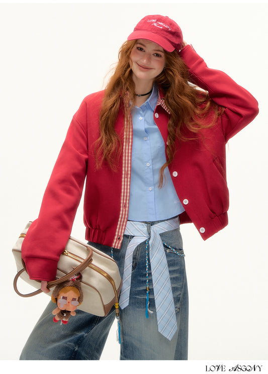 AsGony MIU Style Plaid Collar Sweatshirt Jacket