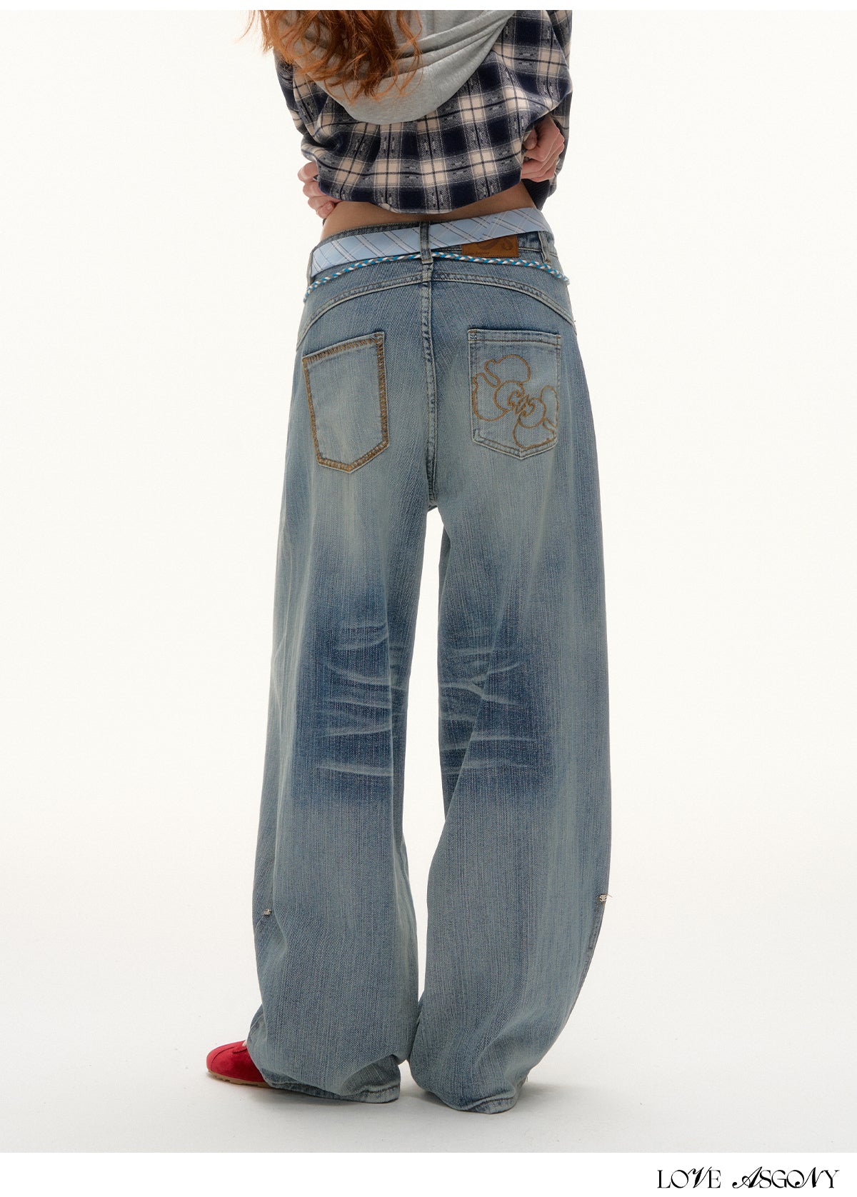 AsGony Tie-Dye Beaded Embellished Washed Jeans