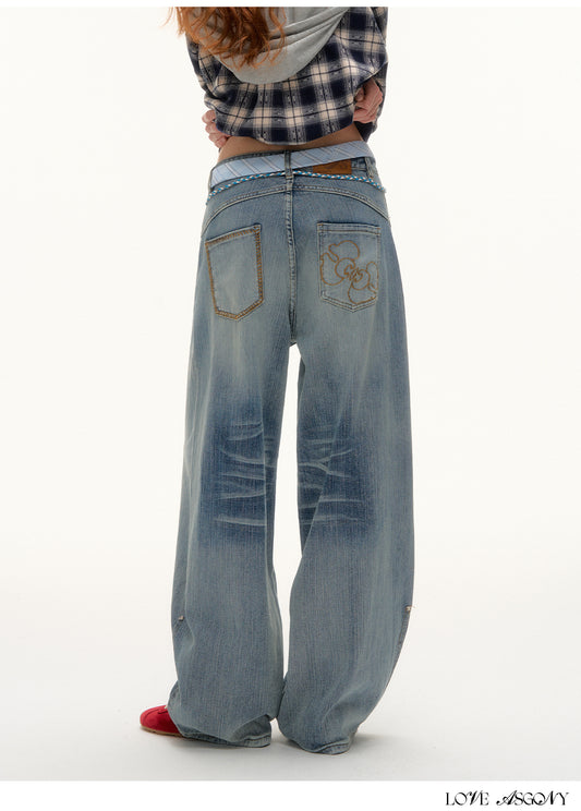 AsGony Tie-Dye Beaded Embellished Washed Jeans