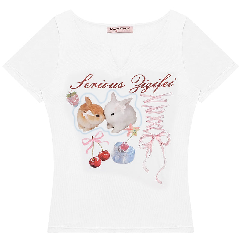 ziziFei Retro Bunny Print V-Neck Tee
