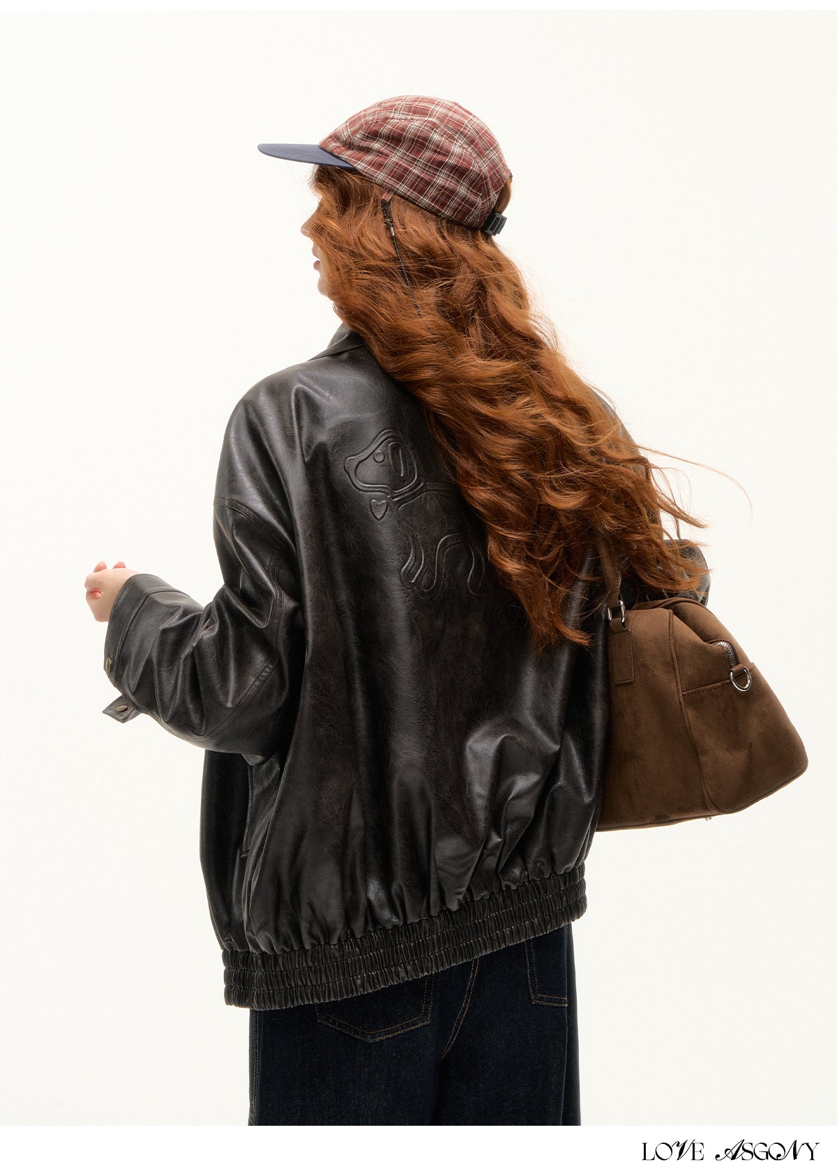 AsGony Retro Bow Collar Embossed Leather Jacket