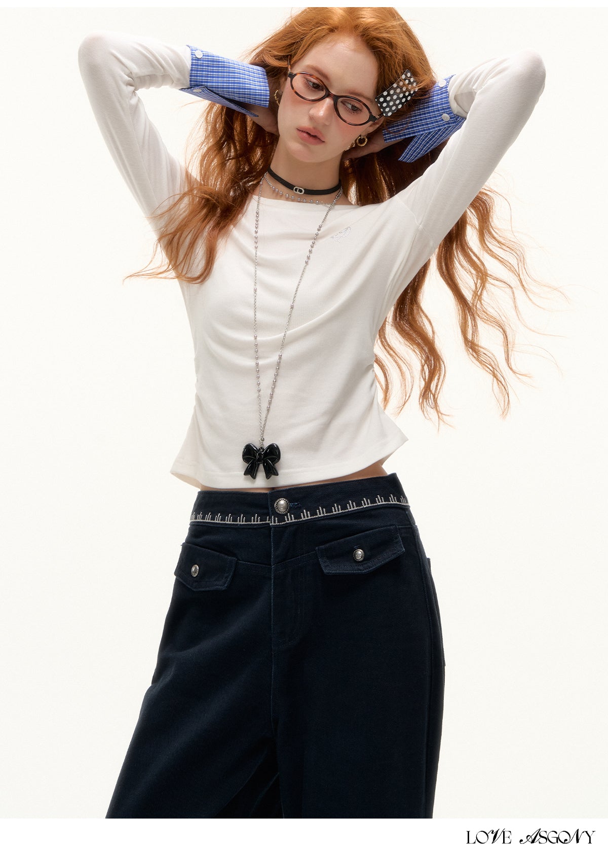 AsGony Detachable Cuff Plaid Long Sleeve T-Shirt