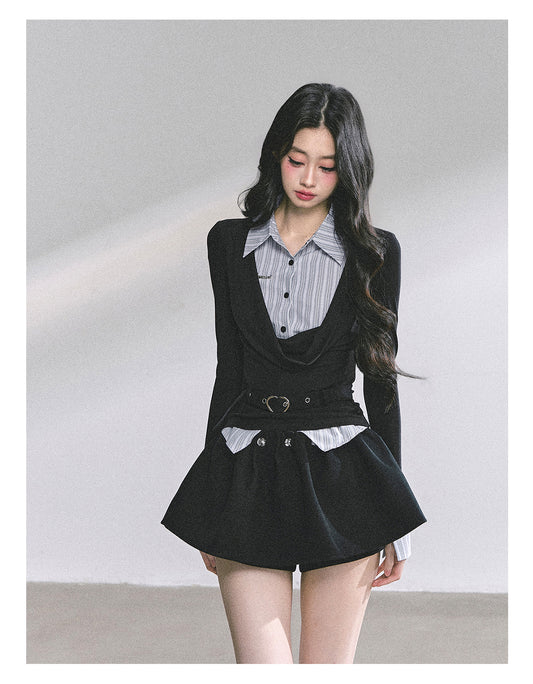 SHAOYEYAN Mock Two-Layer Waist-Defining Striped Tee