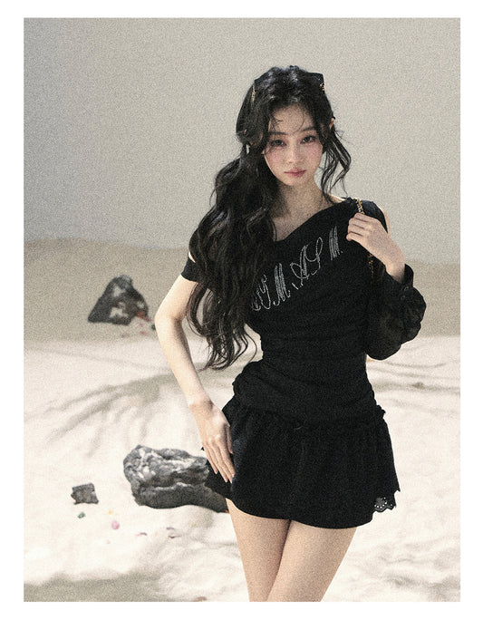 ShaoYeYan Aomalm Fragmented Starlight Korean Off-Shoulder Mesh Top