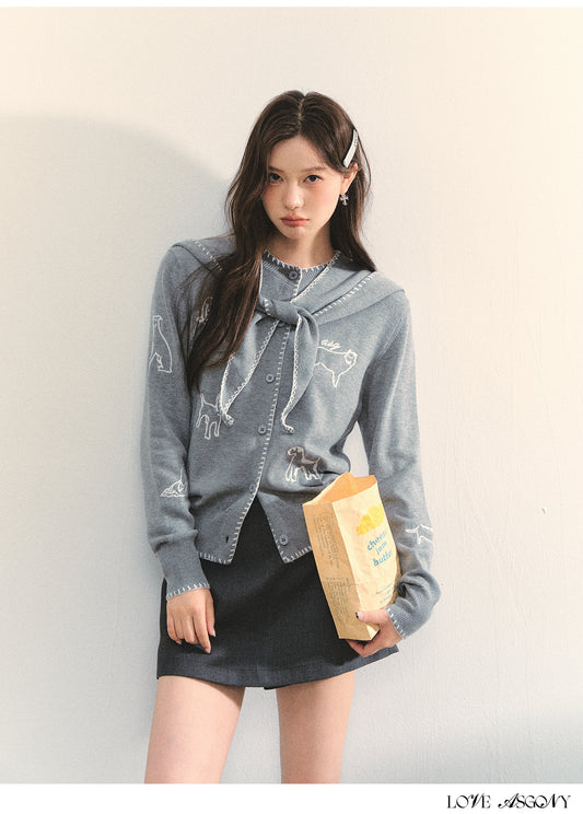 AsGony Puppy Embroidery Trim Hooded Knit Set