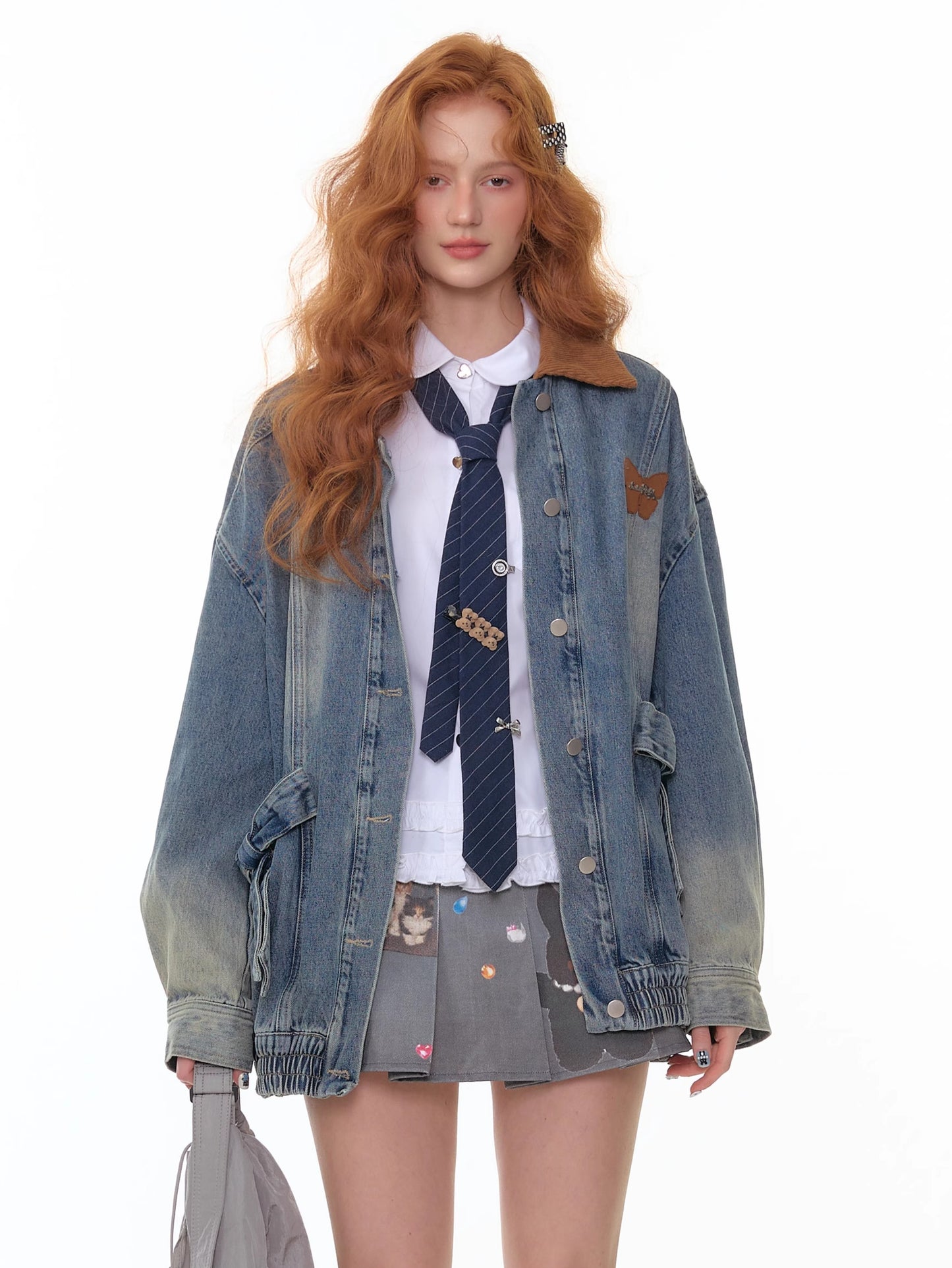 ZiziFei Corduroy-Collar Denim Jacket