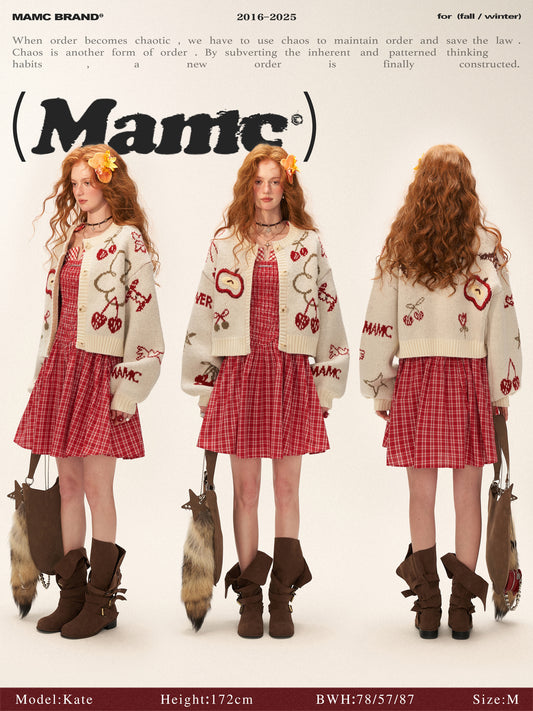 MAMC Apple Cherry Print Lazy Knit Sweater