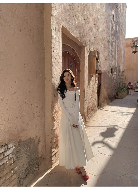 MULVAN "Moonlight Silk" Flared Midi Skirt & "Off-Duty Star" Floral Shoulder Top