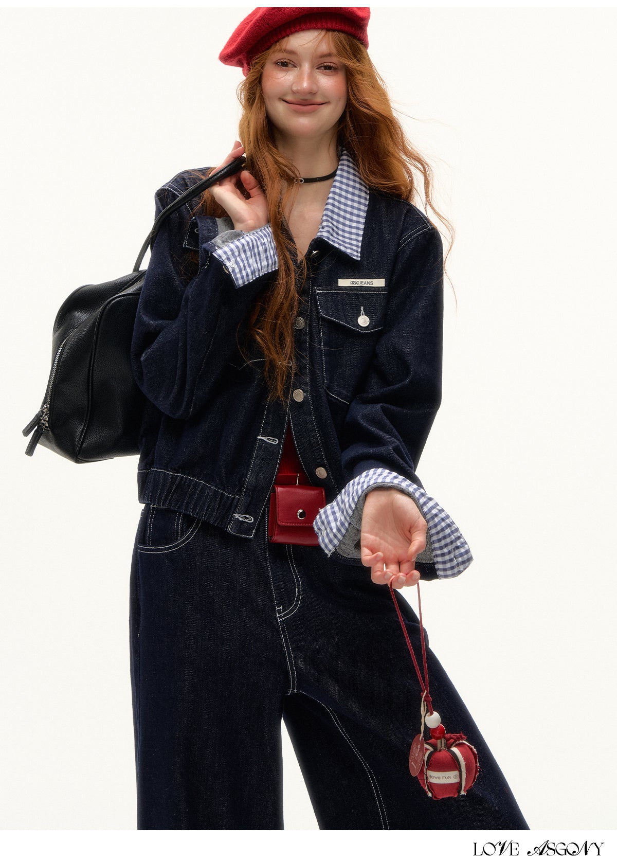 AsGony American Retro Hong Kong Style Plaid Denim Set