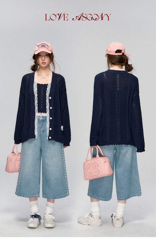 AsGony Side-Seam Beaded Wide-Leg Cropped Jeans