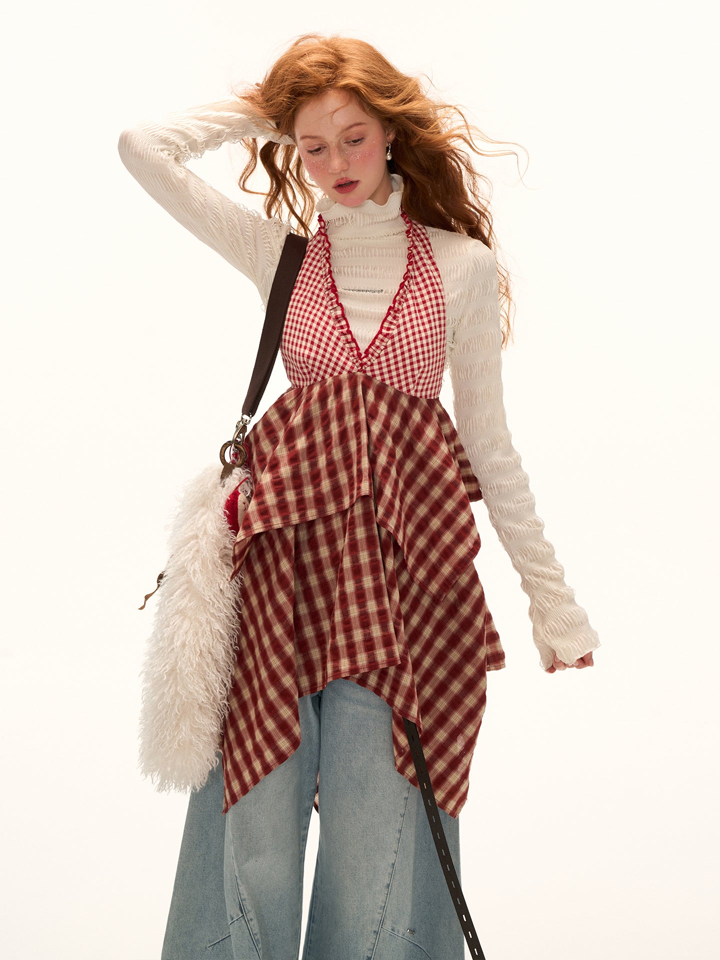 MAMC Red Textured Plaid Panel Dress