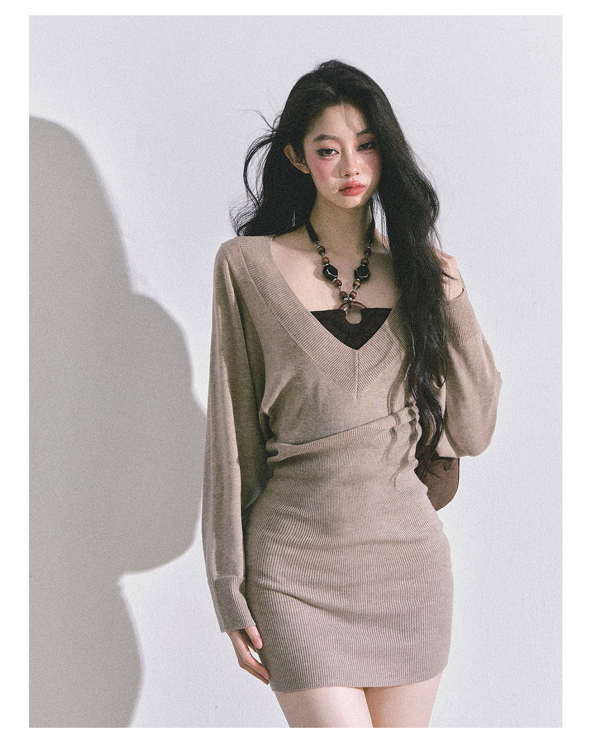 ShaoYeYan Golden Sweetie French Long Sleeve Knit Dress (included innerwear)