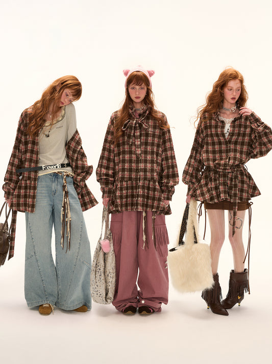 MAMC Bow Plaid Shirt Dress