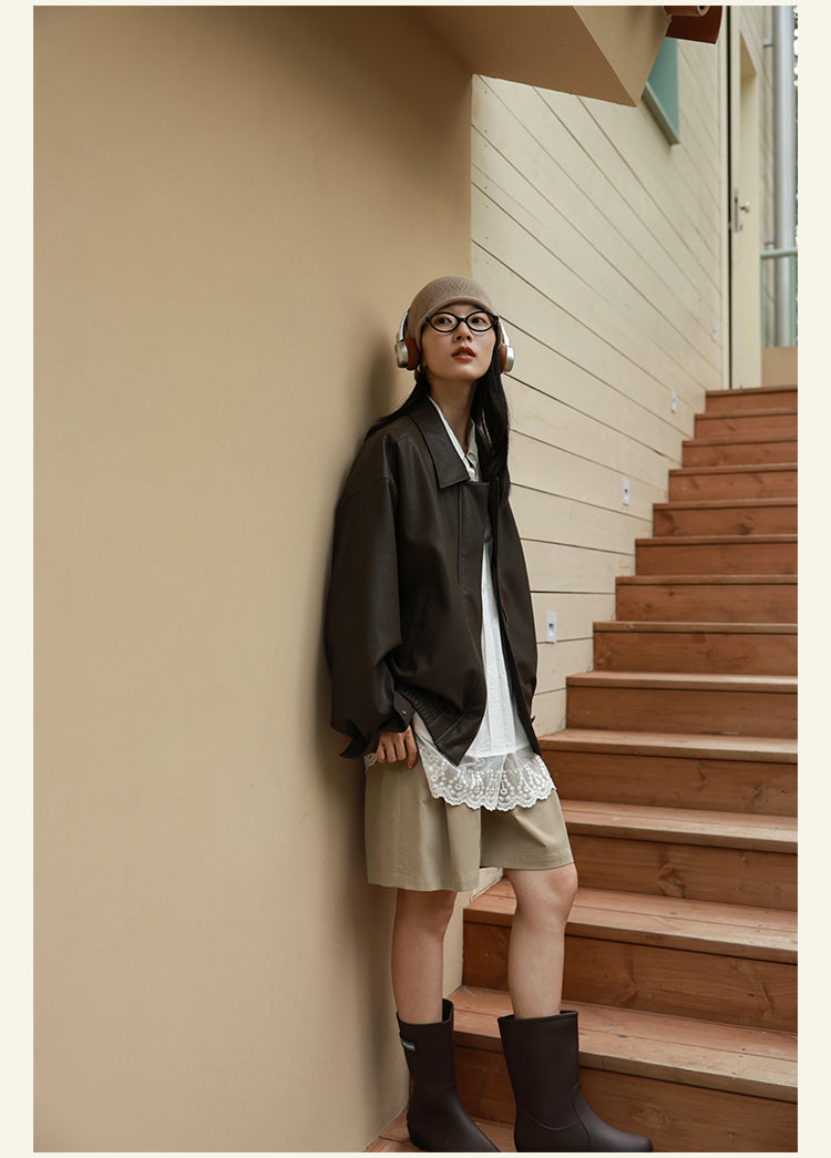 HAVERICE Classic Soft Leather Zip-Up Coat