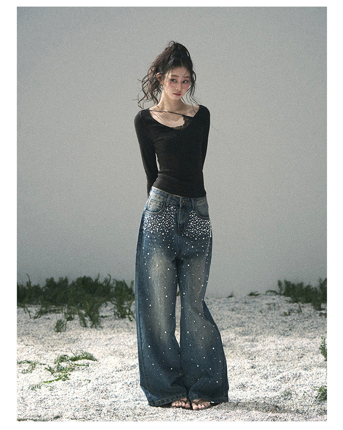 ShaoYeYan Aomalm Blue Note Stardust Embellished Straight Jeans
