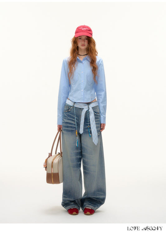 AsGony Solid Color Short Sleeve Embroidered Shirt