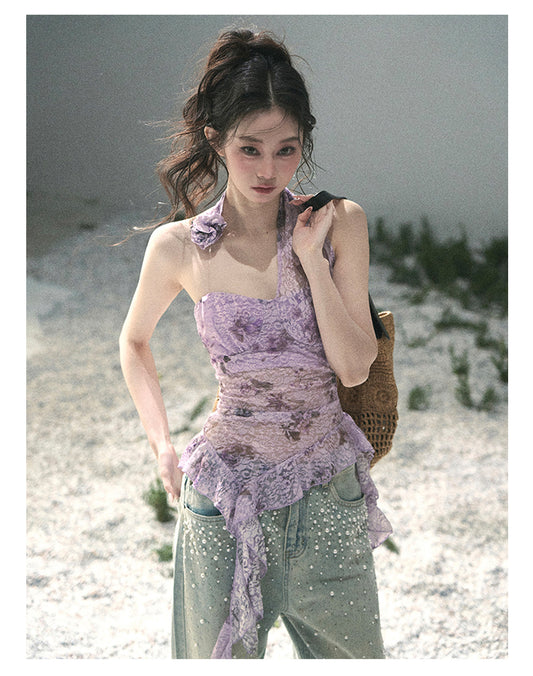 ShaoYeYan Aomalm Bauhinia Blooms Asymmetric Sheer Ribbon Top