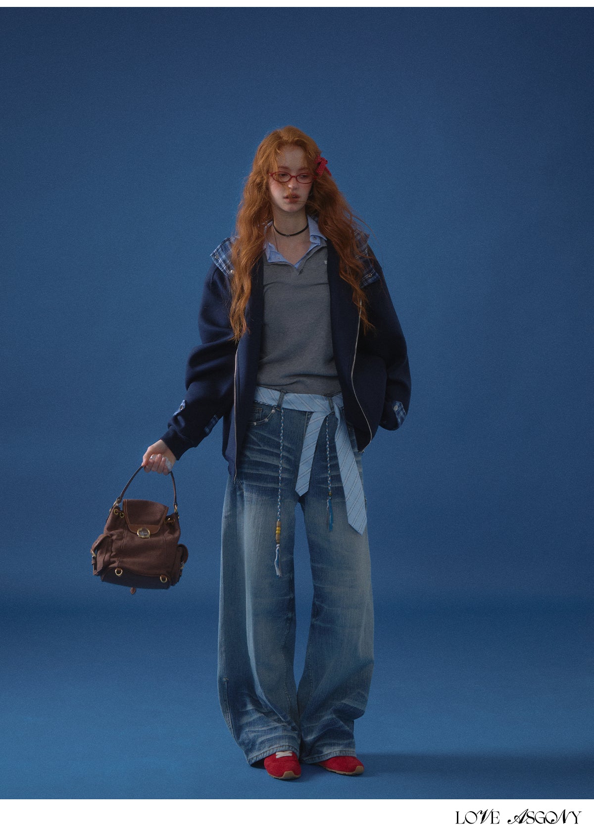 AsGony Plaid Panel Oversized Hooded Zip-Up