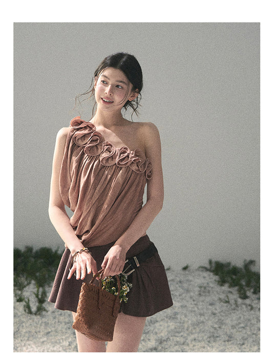 ShaoYeYan Aomalm Late Spring Where Flowers Fall French Off-Shoulder Ruffle Top