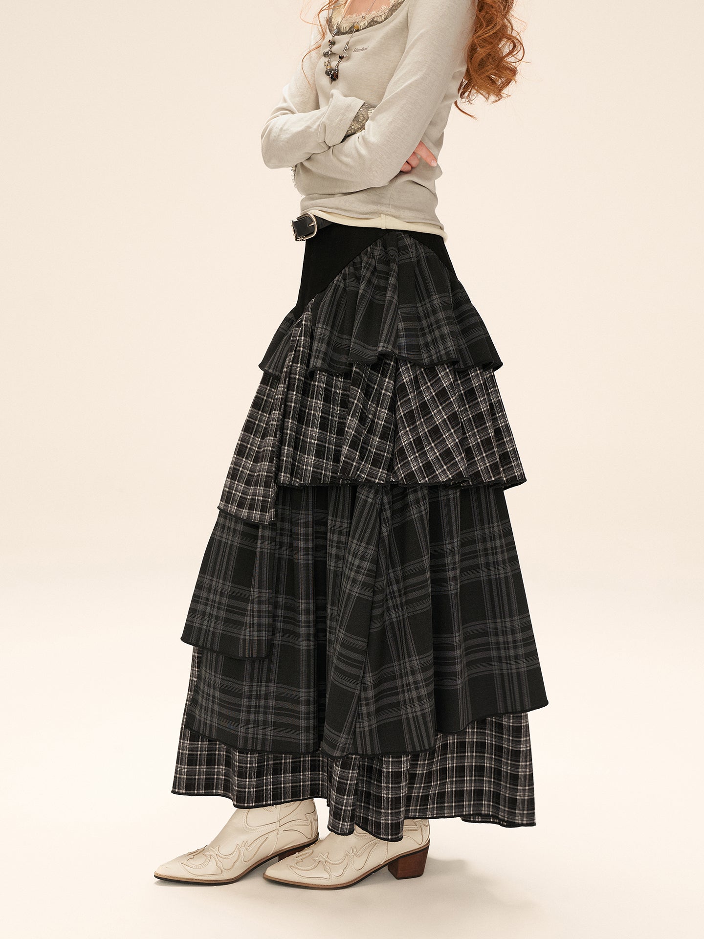 MAMC Denim & Plaid Layered Maxi Skirt