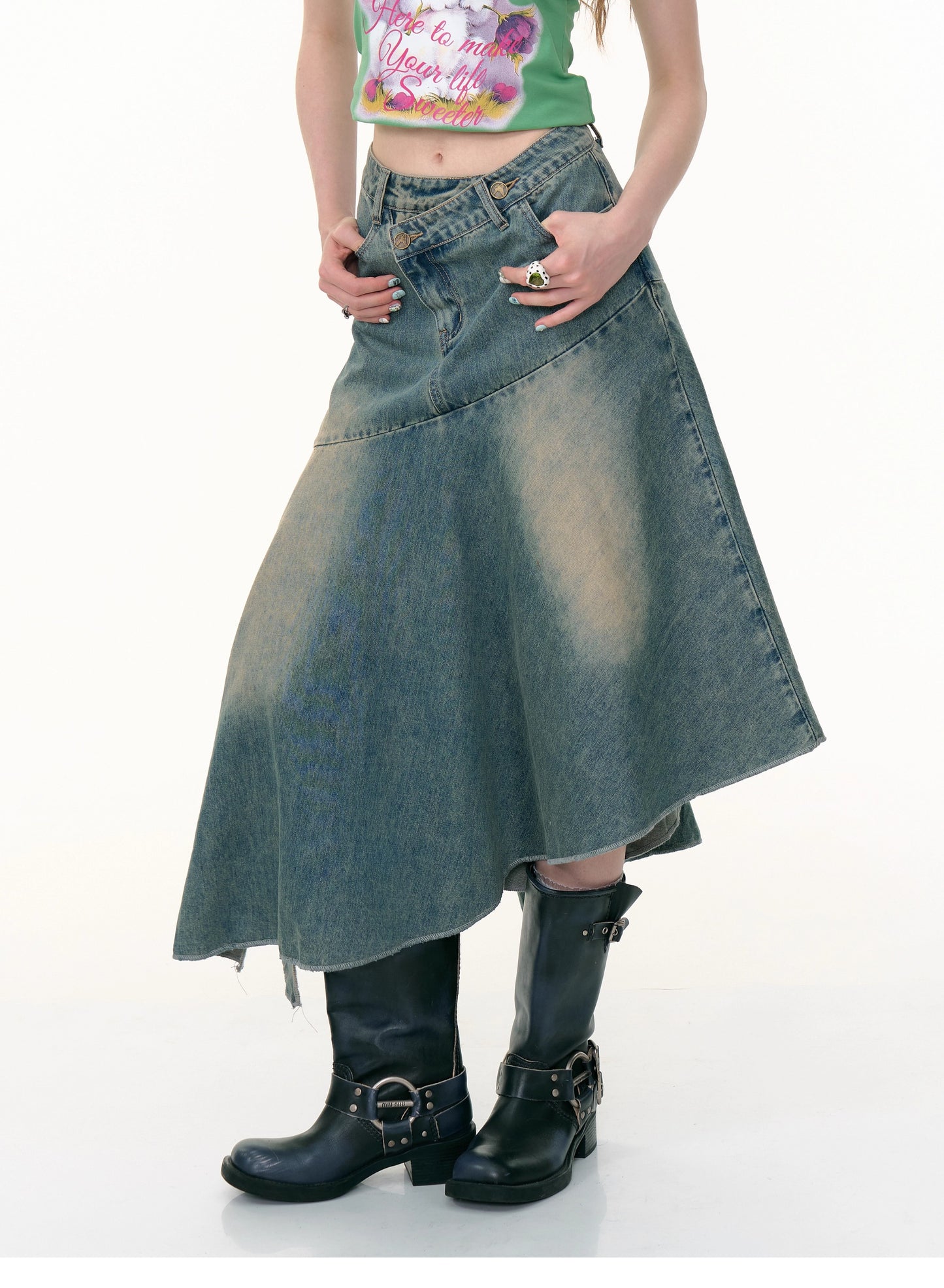 ZiziFei Asymmetrical Denim Midi Skirt