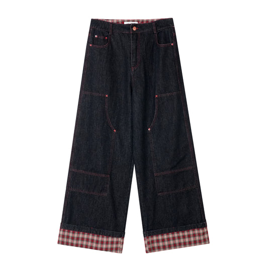 AsGony Black Plaid Panel Wide-Leg Jeans