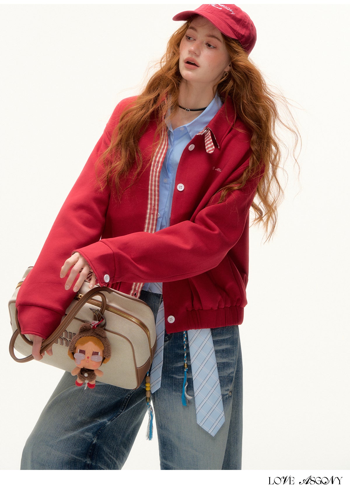 AsGony MIU Style Plaid Collar Sweatshirt Jacket