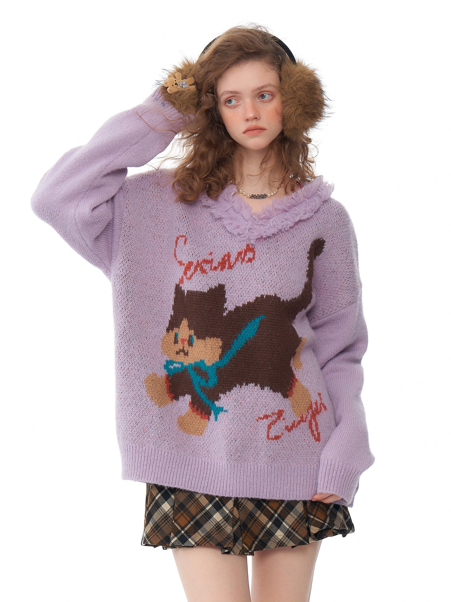 ziziFei Retro Plush Cat-Print Sweater