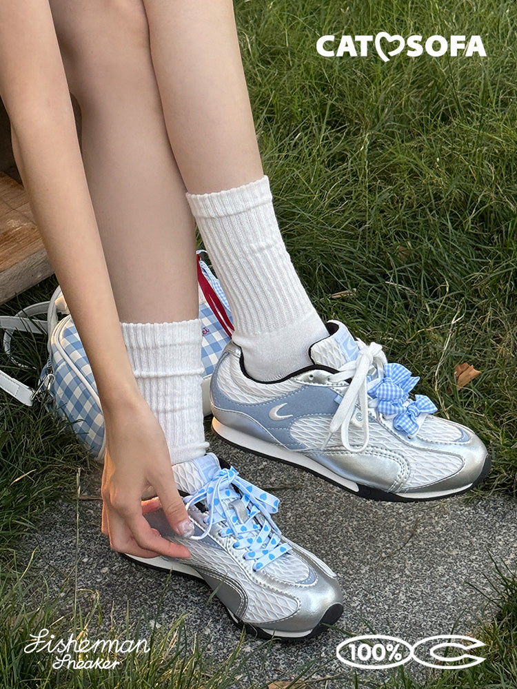 Cat&Sofa Silver-Blue Mesh Height-Boost Sneakers