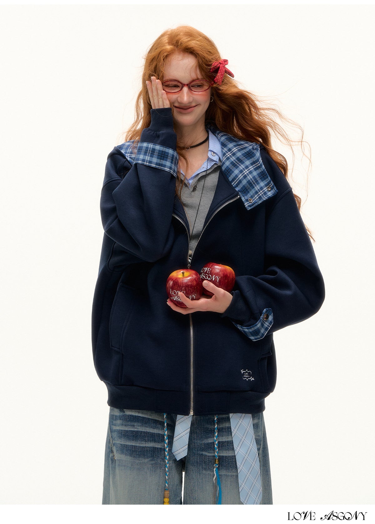 AsGony Plaid Panel Oversized Hooded Zip-Up
