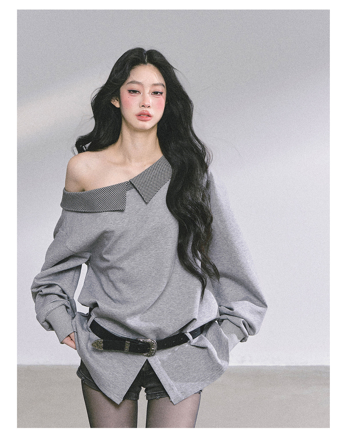 ShaoYeYan Intellectual Balmain Loose Off-Shoulder Plaid Sweatshirt