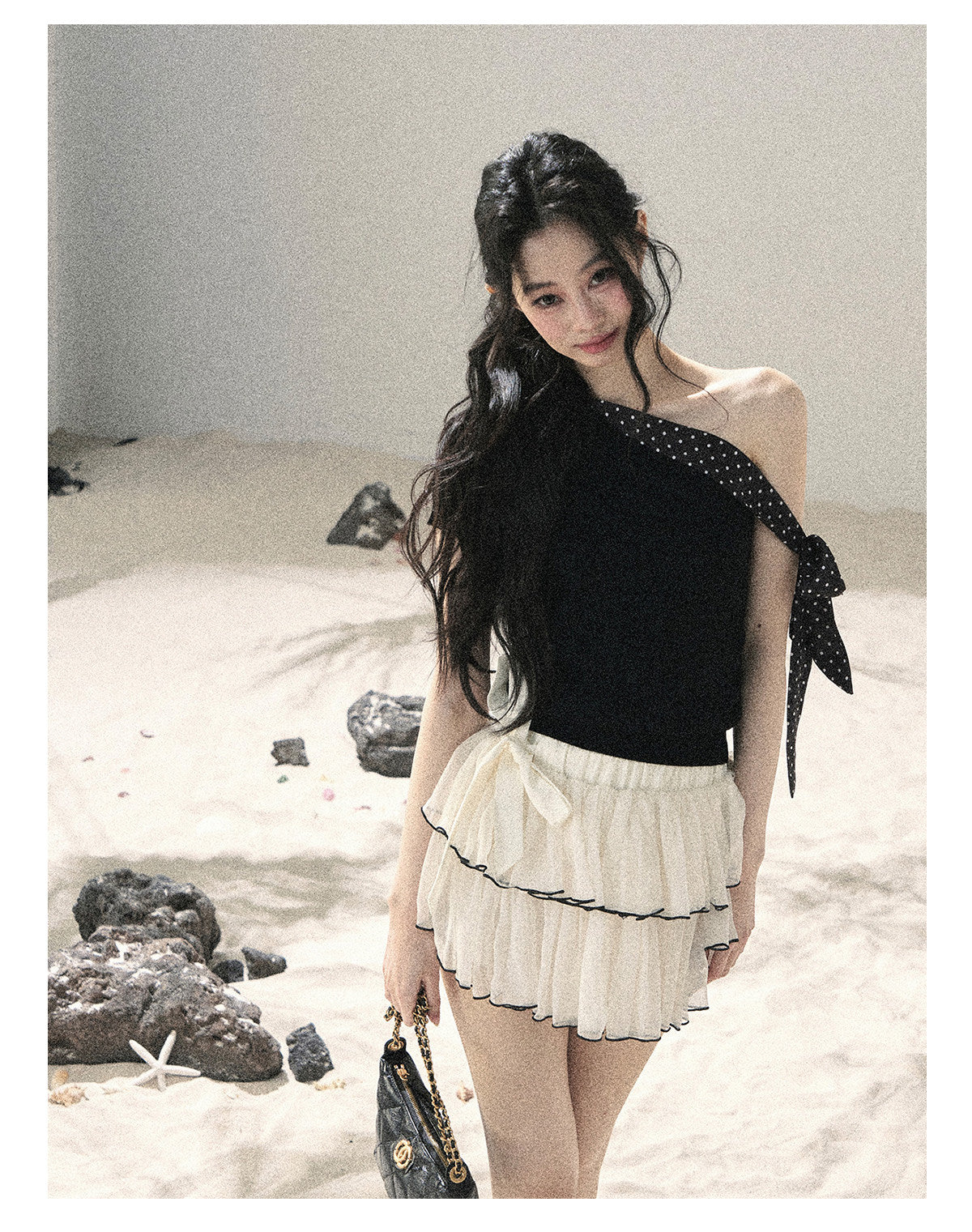 ShaoYeYan Aomalm Morning Dew & Evening Breeze American Off-Shoulder Polka Dot Tee