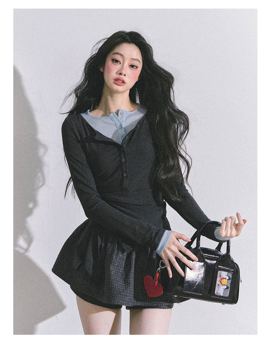 ShaoYeYan Hayton Academy Fake Two-Layer American Long Sleeve Top