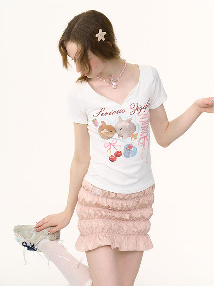 ziziFei Retro Bunny Print V-Neck Tee