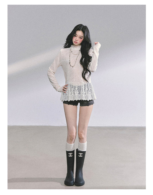 ShaoYeYan Floating Lace Art Loose Long Sleeve T-Shirt