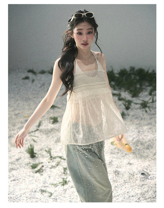 ShaoYeYan Aomalm Light Shatters Stained Glass French Sheer Halter Lace Top