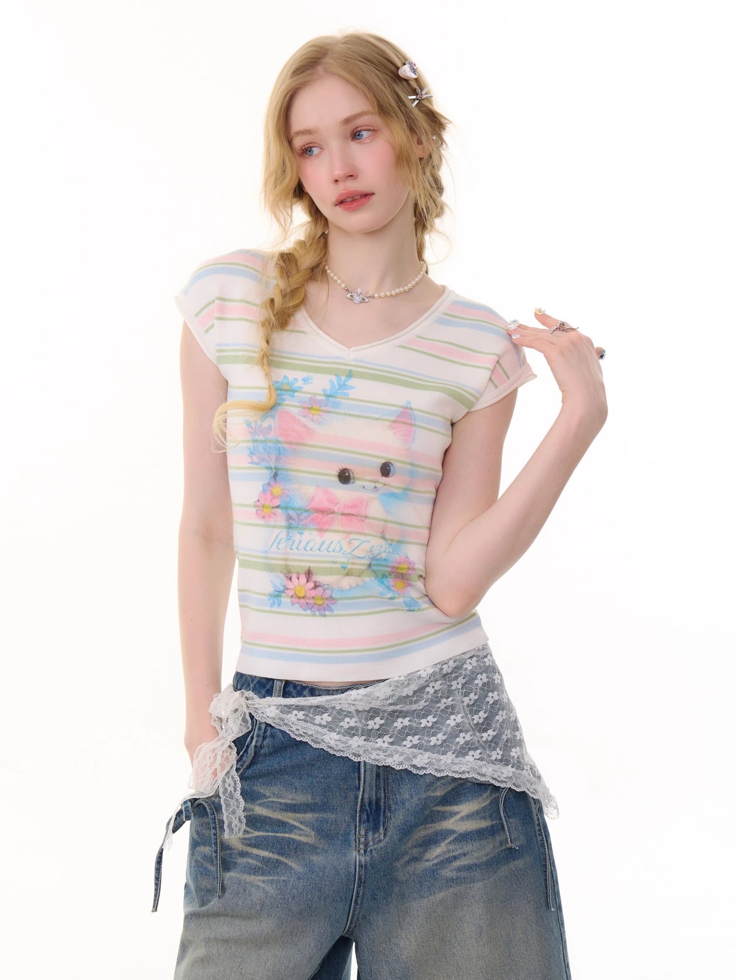 ziziFei Retro Cat Stripe Tee