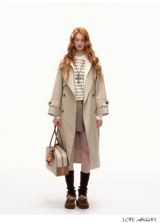 AsGony British Style Fake Two-Tone Long Trench Coat