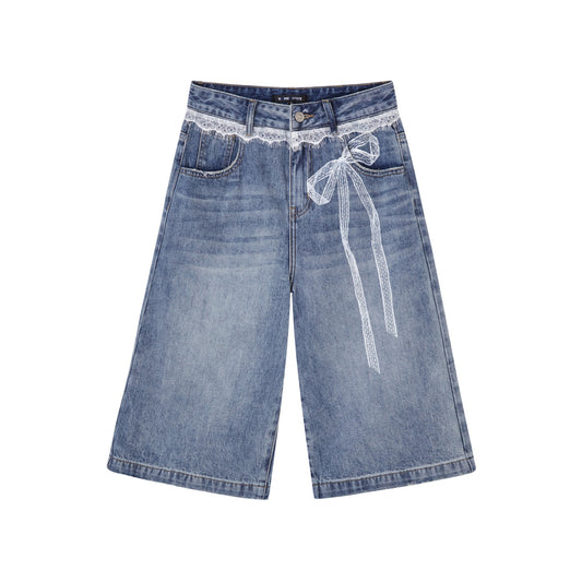 SOMESOWE Lace-Print Denim Culottes